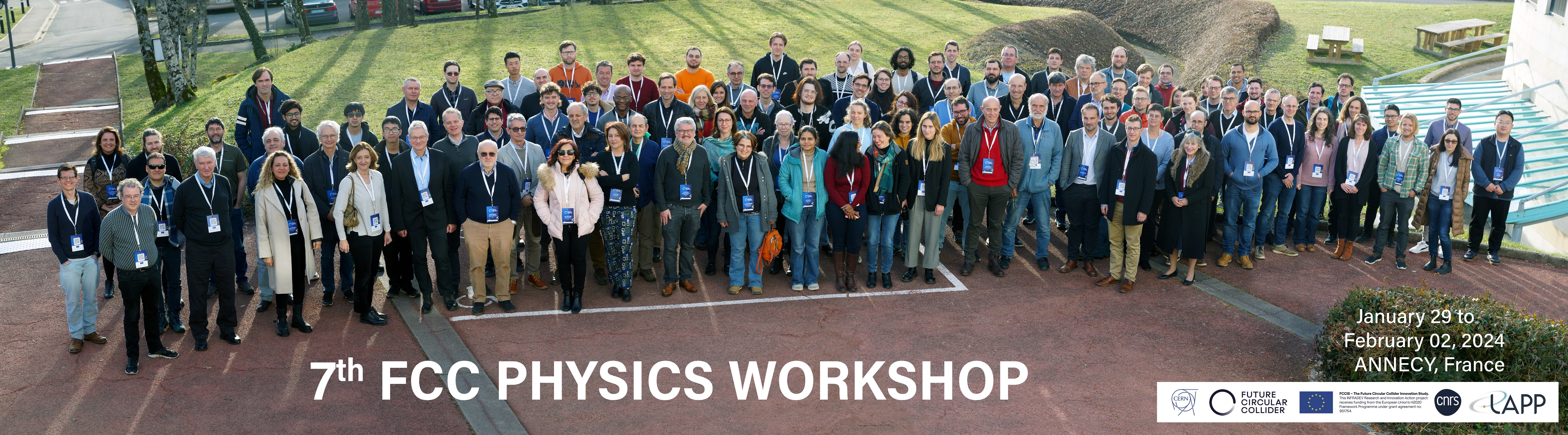 Attendees at the 7th FCC physics workshop in Annecy France (https://indico.cern.ch/event/1307378/), including Professor Sarah Eno. Click for high-resolution photo.