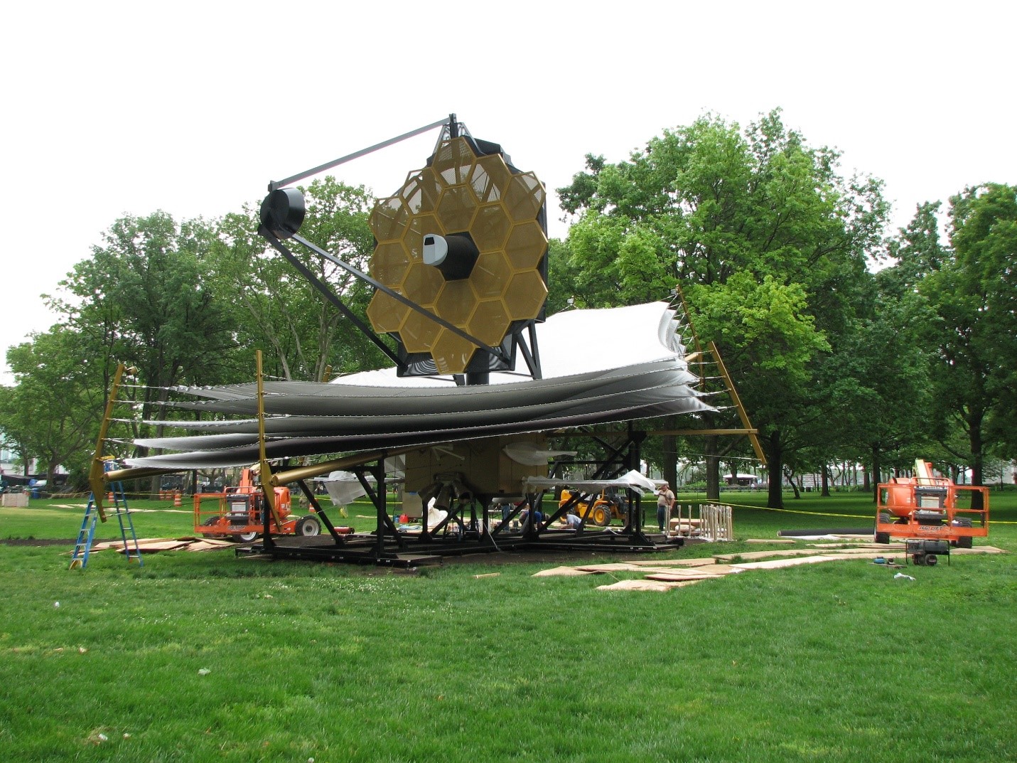 A full-scale model of the James Webb Space Telescope being constructed at Battery Park in NYC for the 2010 World Science Fair. (Credit: NASA)