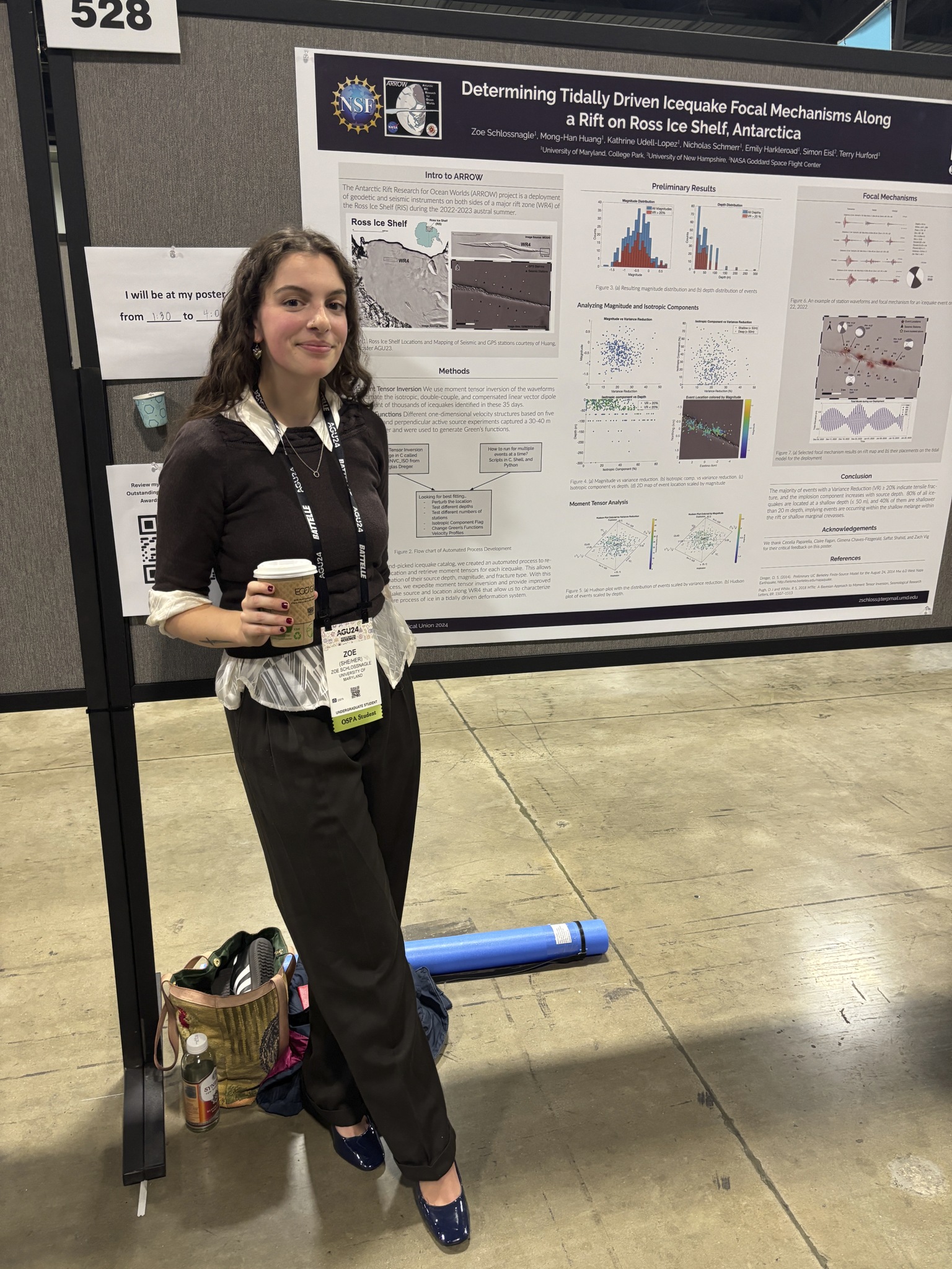 Zoe Schlossnagle presenting moment tensor research at American Geophysical Union, Dec 2024.