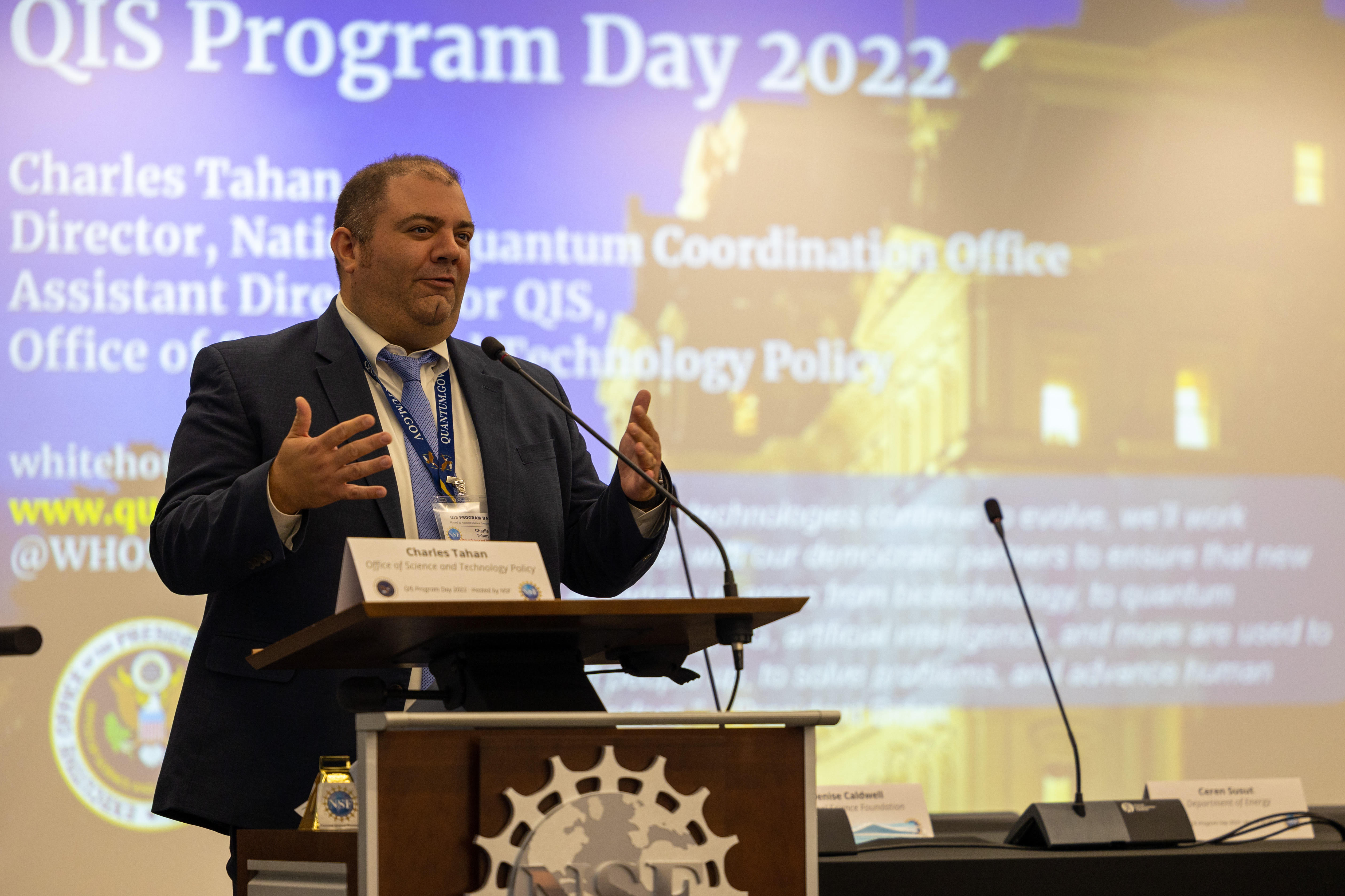 Charles Tahan in 2022 speaking at QIS Program Day, which is an annual gathering of quantum leaders from across the US Government.  Credit: National Quantum Coordination Office