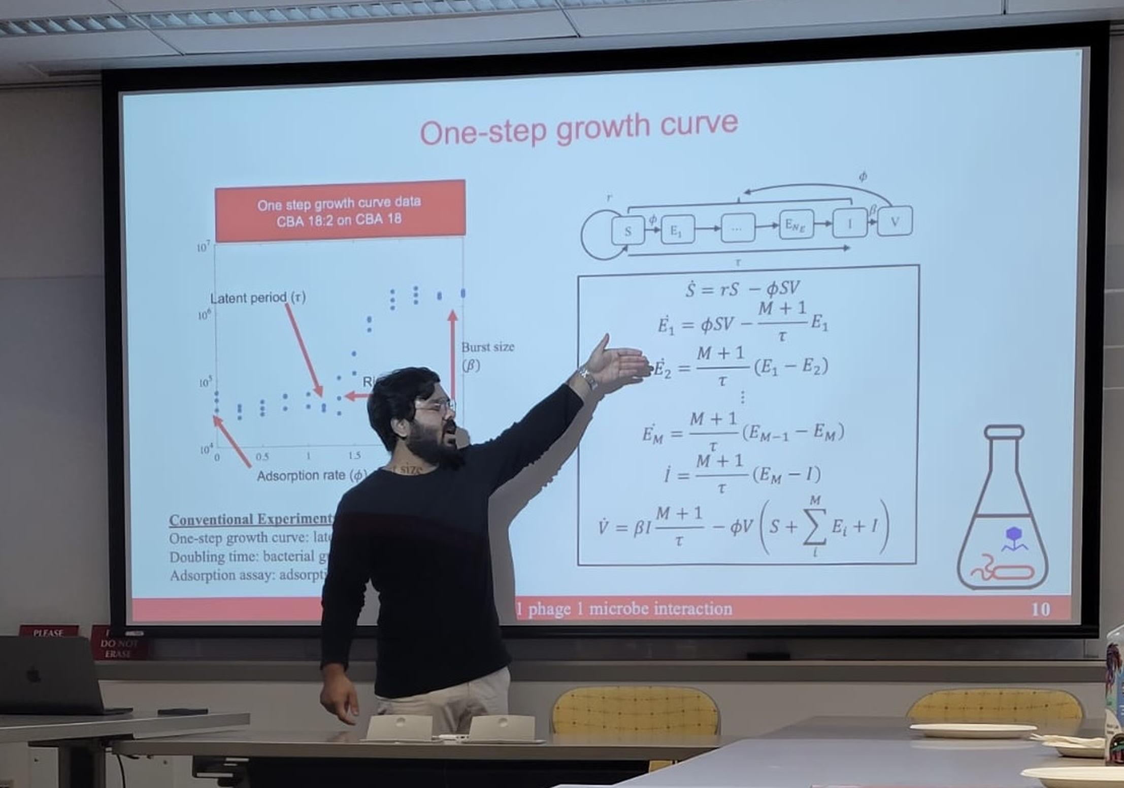  Raunak Dey gesturing to a screen with information about one-step growth cruve data Raunak Dey's research aims to solve inverse and optimization problems using time series data. Image courtesy of Raunak Dey. 