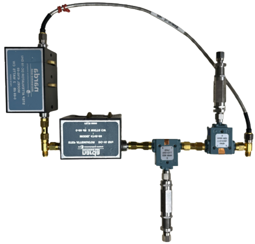 Photograph of the Aharonov-Bohm-graph microwave analogue made up of coaxial cables, circulators (small boxes), phase trimmers, and attenuators (large boxes). 