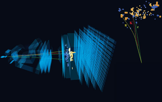 The decay of a B0 meson into a K*0 and an electron–positron pair in the LHCb detector, which is used for a sensitive test of lepton universality in the Standard Model. Credit: CERN