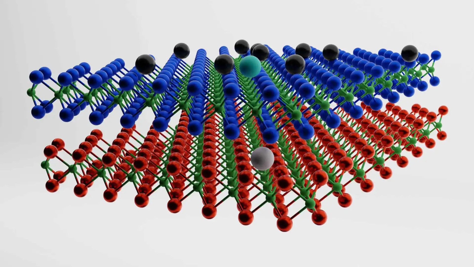 An exciton forms when an electron pairs up with a hole—a mobile particle-like void in a material where an electron is missing from an atom. When paired up as an exciton, a hole and electron normally travel around together as an exclusive couple, but a new experiment probes what happens when conditions in a material break up the pair. In the image, a hole (grey sphere) resides in the bottom layer of a stacked material and is paired to an electron in the top layer (cyan sphere). None of the electrons present in the top layer (black spheres) are willing to share a spot in the material with each other or the electron in the exciton. (Credit: Mahmoud Jalali Mehrabad/JQI)