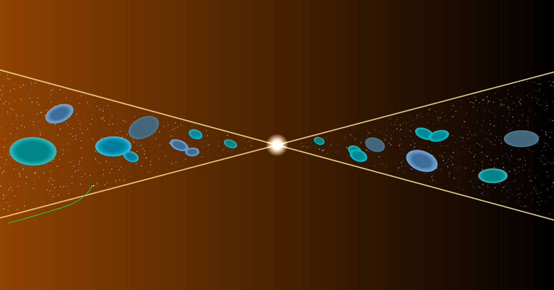 As NASA’s Parker Solar Probe (trajectory shown in green) crossed the heliospheric current sheet, it encountered merging magnetic islands (areas shown in blue) and protons accelerated toward the sun, establishing reconnection as their source. Image credit: JHUAPL. 