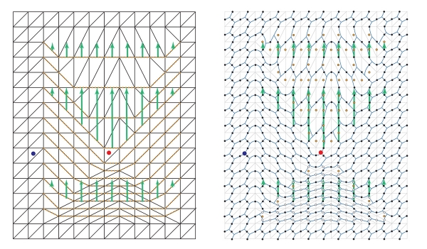  Networks of qubits (represented by black dots in the image on the right) are deformed in order to braid two regions (represented by red and blue dots) around each other. These images show two intermediate stages of the process. Images provided courtesy of the authors.