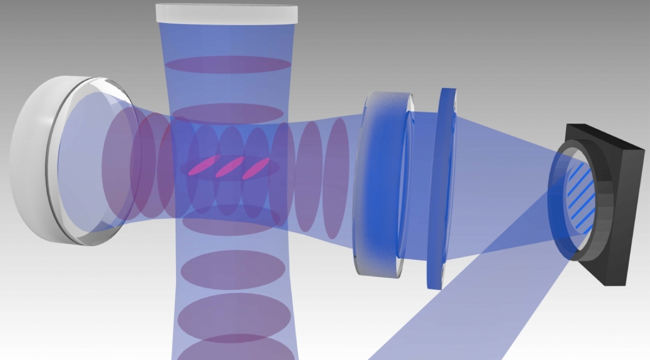 lCigar shaped clouds of atoms (pink) are levitated in a chamber where an experiment uses light to recreate behavior that normally is mediated by quantum particles of sound. (Credit: Yudan Guo, Stanford)