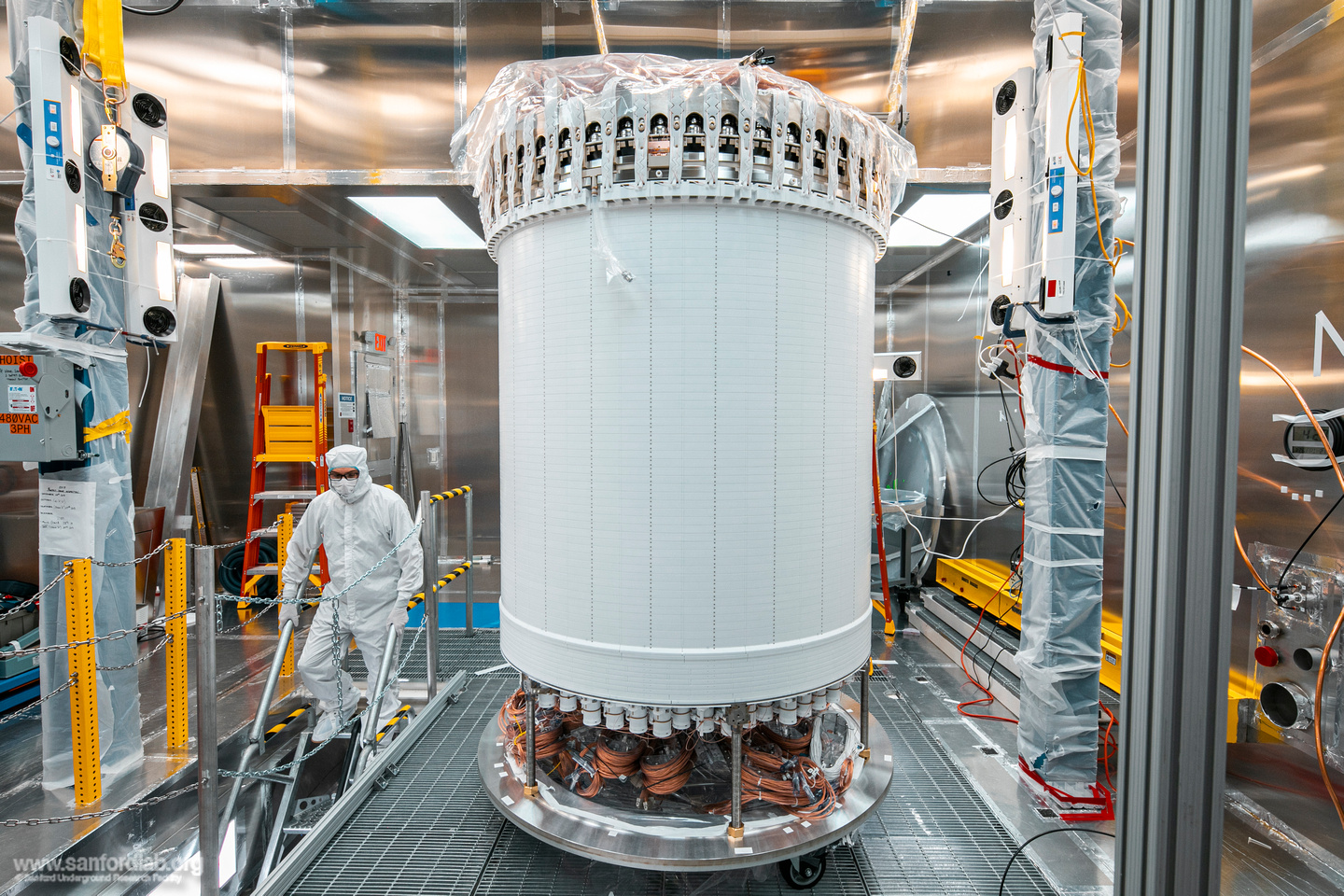  LZ’s central detector, the time projection chamber, in a surface lab clean room before delivery underground. Credit: Matthew Kapust/Sanford Underground Research Facility