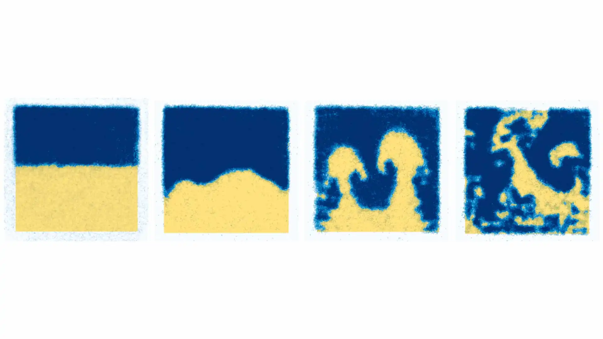 A new experiment forces two quantum superfluids together and creates mushroom cloud shapes similar to those seen above explosions. The blue and yellow areas represent two different superfluids, which each react differently to magnetic fields. After separating the two superfluids (as shown on the left), researchers pushed them together, forcing them to mix and creating the recognizable pattern that eventually broke apart into a chaotic mess. (Credit: Yanda Geng/JQI)