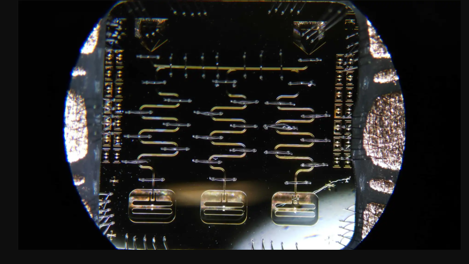 A superconducting circuit studied in Alicia Kollár’s lab. The middle of the three rectangles along the bottom are junctions that hold quantum states that may each be used as a qubit. A proposal to adjust the dimensions of the junctions would allow chips like this to host twice as many qubits.