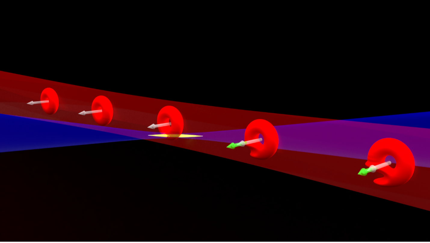 Researchers who previously generated vortices of light that they describe as “edge-first flying donuts” have now performed experiments where they disturb the path of the vortices mid-flight to study changes to their momentum.  Image credit: Intense Laser-Matter Interactions Lab, UMD