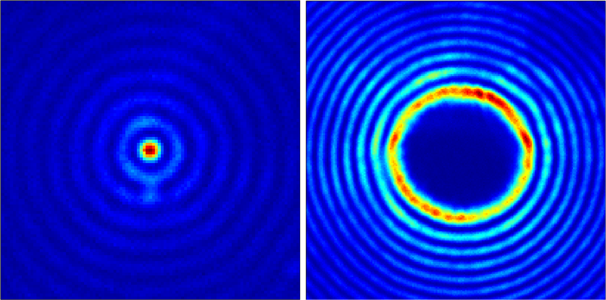Caption: On the left is a cross section of the intensity of the Bessel beam responsible for creating the low-density plasma core. On the right is a cross section of the intensity of the Bessel beam that creates the high-density plasma wall. The left image is 50 micrometers across and the right image is 100 micrometers across. (Credit: Intense Laser-Matter Interactions Lab, University of Maryland)